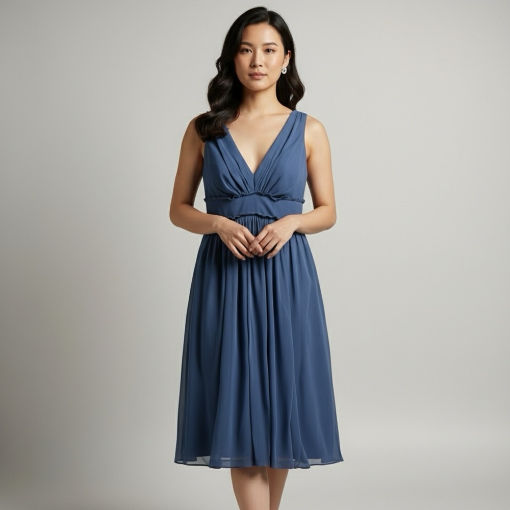 Laundry by Shelli Segal Elegant Blue V-Neck Midi Dress - Picture 3 of 5